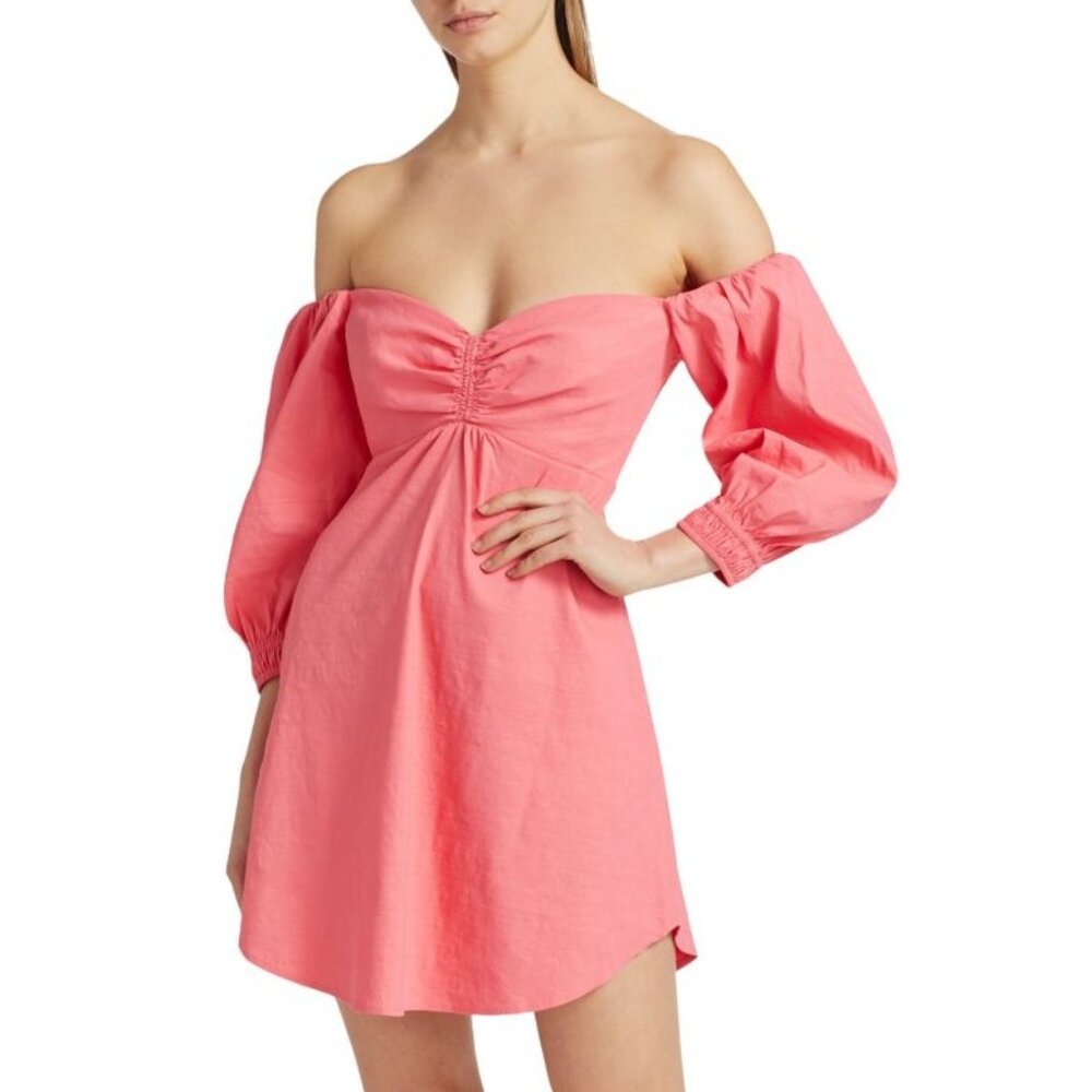 ALC Womens Mila Off Shoulder Mini Dress Pink Linen Blend Puff Sleeves size 2